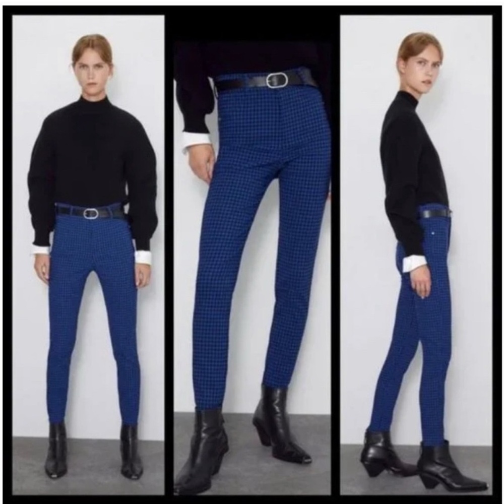 Zara blue black gingham checkered slim fit high-rise pants stretchy Sz L NWT